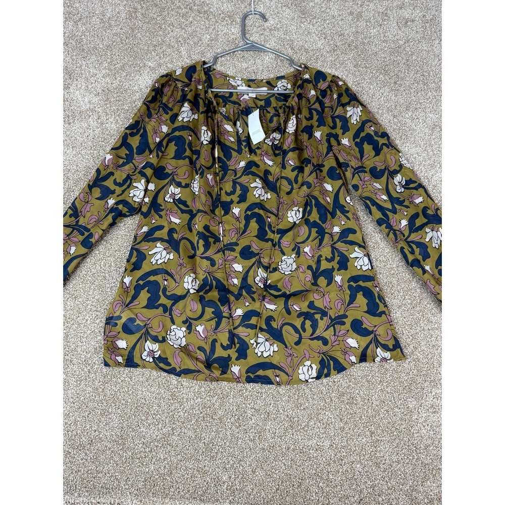 NWT LOFT Womens Small Floral Split Neck Tie Blouse Olive Green Navy Cottagecore